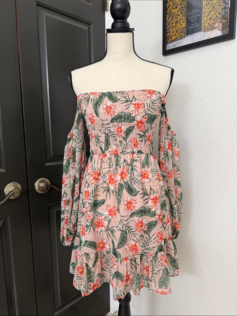 Express Pink Floral Off-Shoulder Long Sleeve Dress